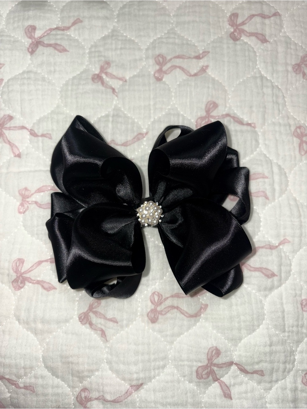 Black Satin Bow Hair Clip with Pearl Center